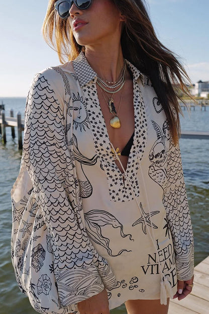 Live By Water Unique Print Tassle Shirt and Elastic Waist Shorts Set