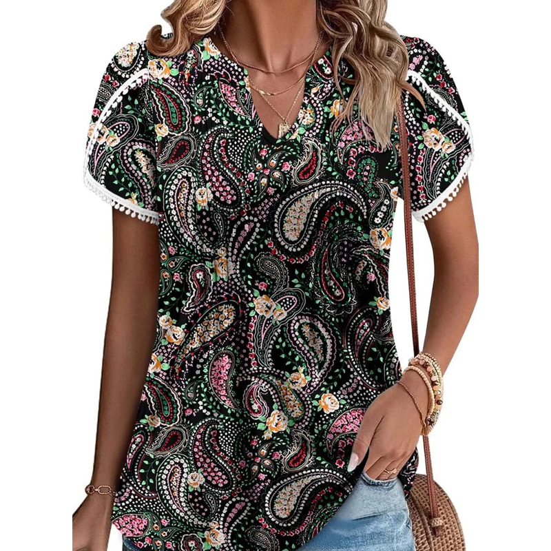 Women's Cute Fringe Cuff Short-Sleeve Printed Tops