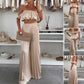 Women’s Sexy Solid Color Top Wide Leg Pants Two Pieces Set