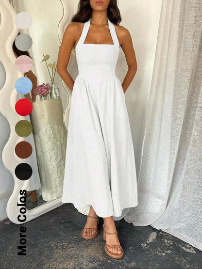 🎉Hot Sale💃Women's Square Neck Slimming Waist Hanging Neck Backless Dresses