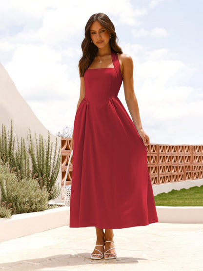 🎉Hot Sale💃Women's Square Neck Slimming Waist Hanging Neck Backless Dresses