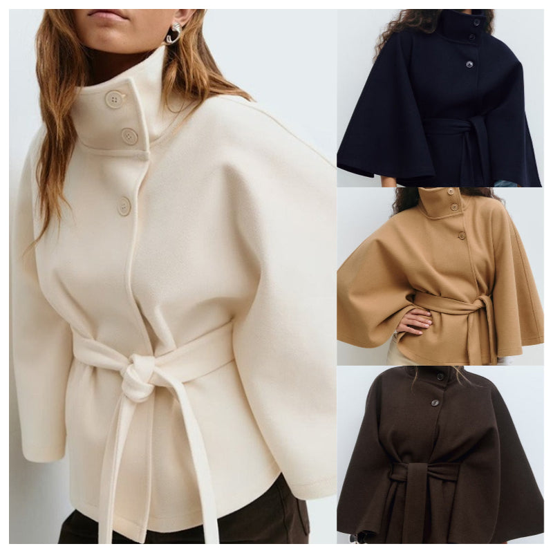 🍂Women's Stand Collar Cape-Style Coat with Belt
