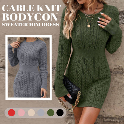 Women's Solid Color Round Neck Chunky Knit Bodycon Sweater Dress