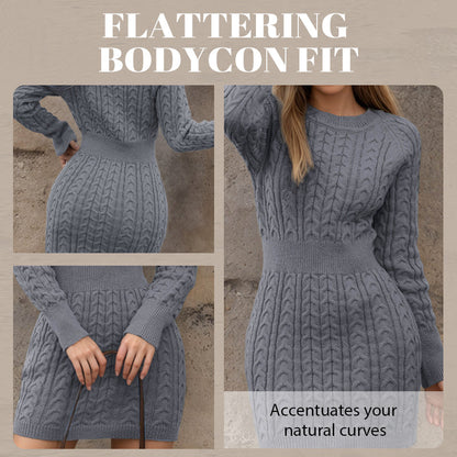 Women's Solid Color Round Neck Chunky Knit Bodycon Sweater Dress