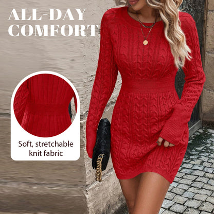 Women's Solid Color Round Neck Chunky Knit Bodycon Sweater Dress