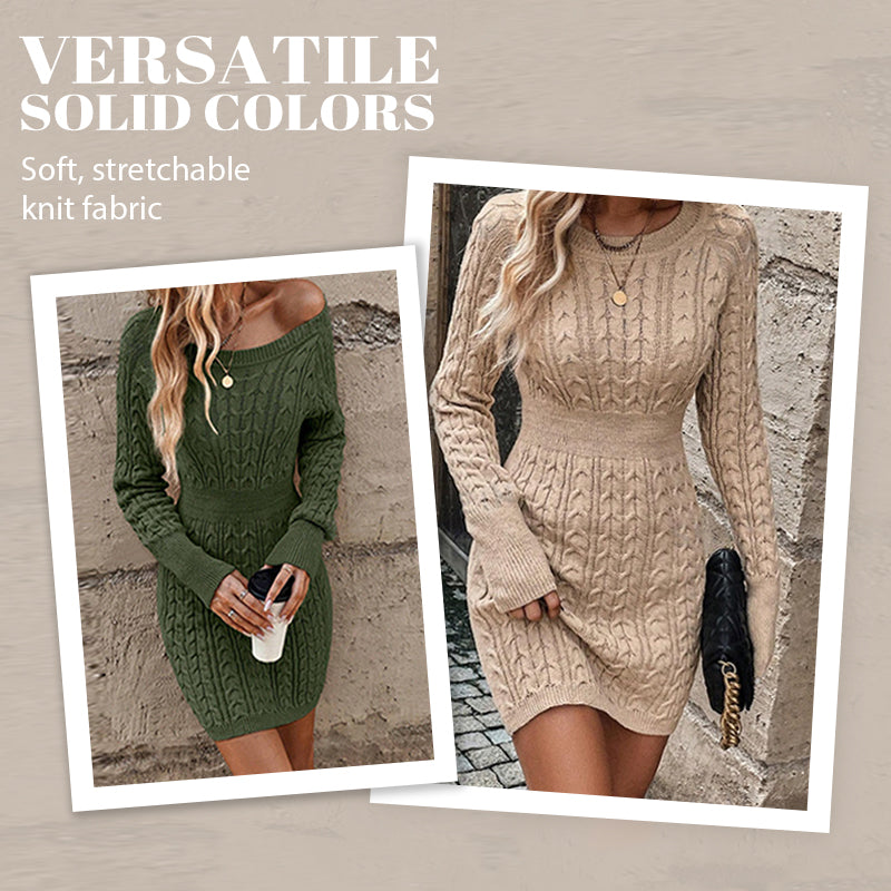 Women's Solid Color Round Neck Chunky Knit Bodycon Sweater Dress