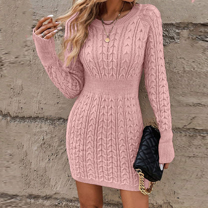 Women's Solid Color Round Neck Chunky Knit Bodycon Sweater Dress