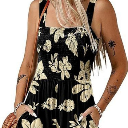 Floral Print Sleeveless Shorts Jumpsuit with Pockets