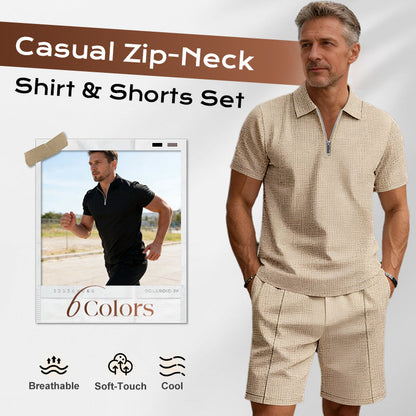 Summer Casual Zip-Neck Shirt & Shorts Set