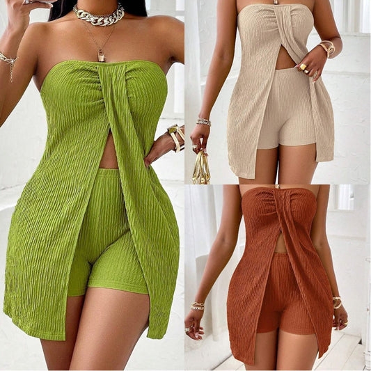 Flattering Split Hem Strapless Matching Set – Ready for Daily & Vacation! ✨
