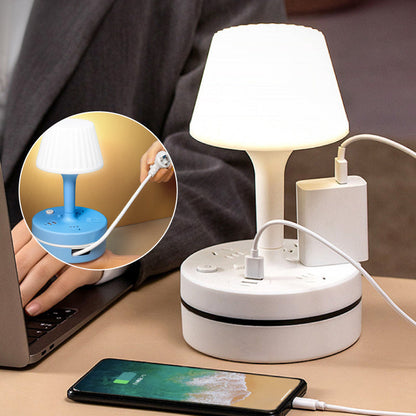 💡3-outlet power strip with 2 USB-A and 2 USB-C ports, featuring a built-in desk lamp, compatible with 220V-240V, maximum power 3250W, 13A, 1.8m cable, suitable for home, kitchen, outdoor, hotel, office, and cruise vacation use