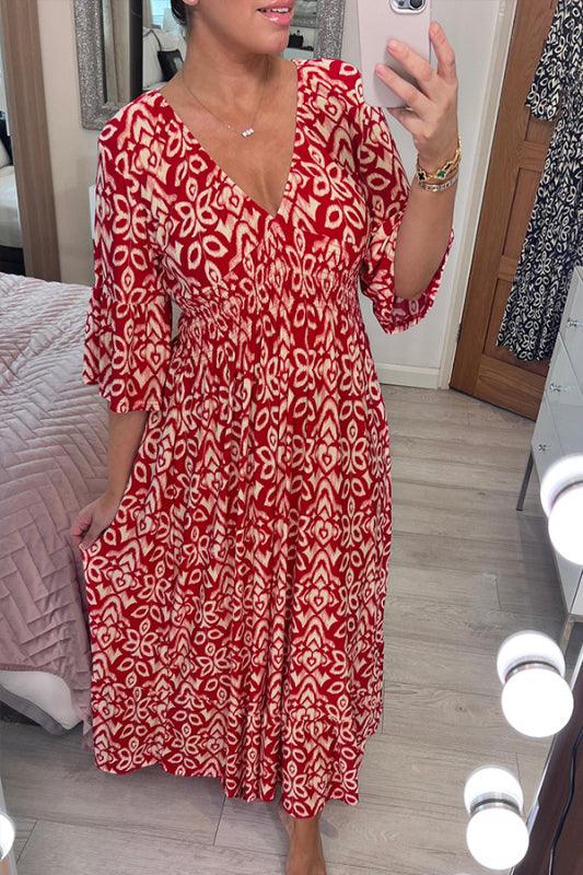 (🔥Hot Sale🔥)Casual print, V-neck long dress, exudes charming appeal!！